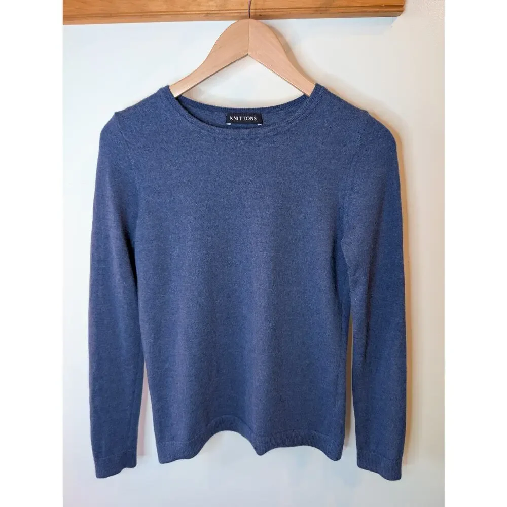 Knittons 100% Merino Wool Blue Crewneck Sweater Soft Luxury Polish Small - Picture 1 of 5
